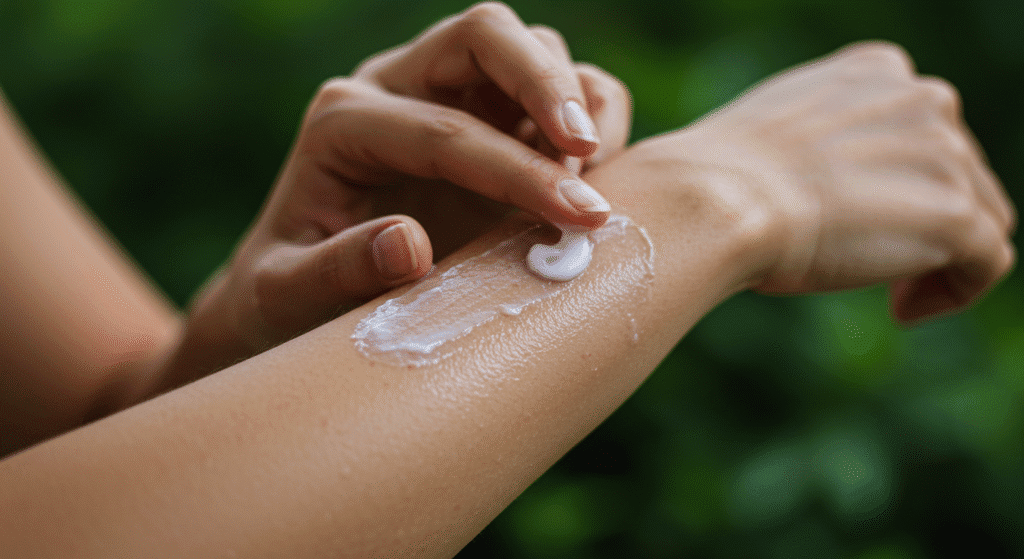 Applicazione di una crema naturale a base di cocco e aloe su pelle con dermatite atopica per sollievo.