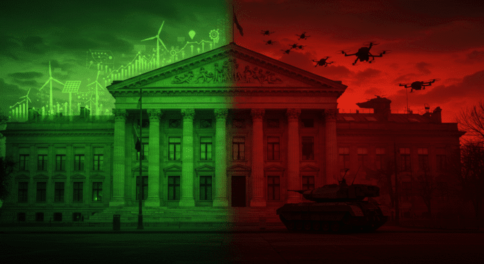 Edificio della BEI diviso tra simboli di pace verde e simboli di guerra rossi, rappresentante la militarizzazione.