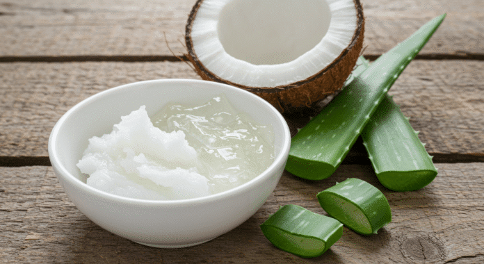 Ingredienti naturali, olio di cocco e aloe vera, per il trattamento della dermatite atopica.