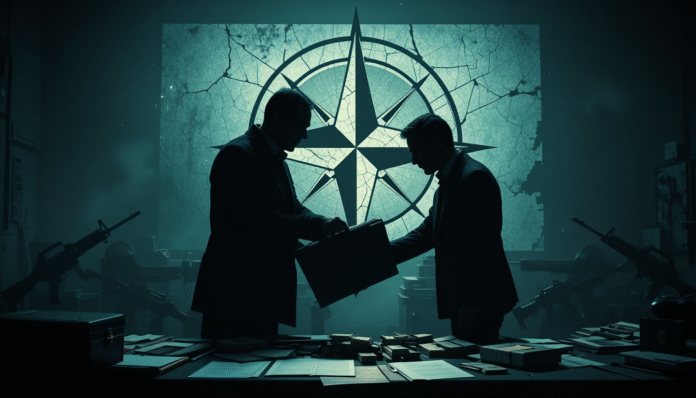 Figure oscure scambiano denaro davanti al logo NATO, simboleggiando la corruzione nell'alleanza.