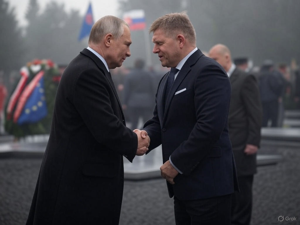 Robert Fico a Mosca stringe la mano a un rappresentante russo, simboleggiando il dissenso verso la linea UE.