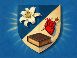 Stemma di Papa Leone XIV con giglio bianco, libro chiuso e cuore trafitto, simboli di un messaggio iniziatico.