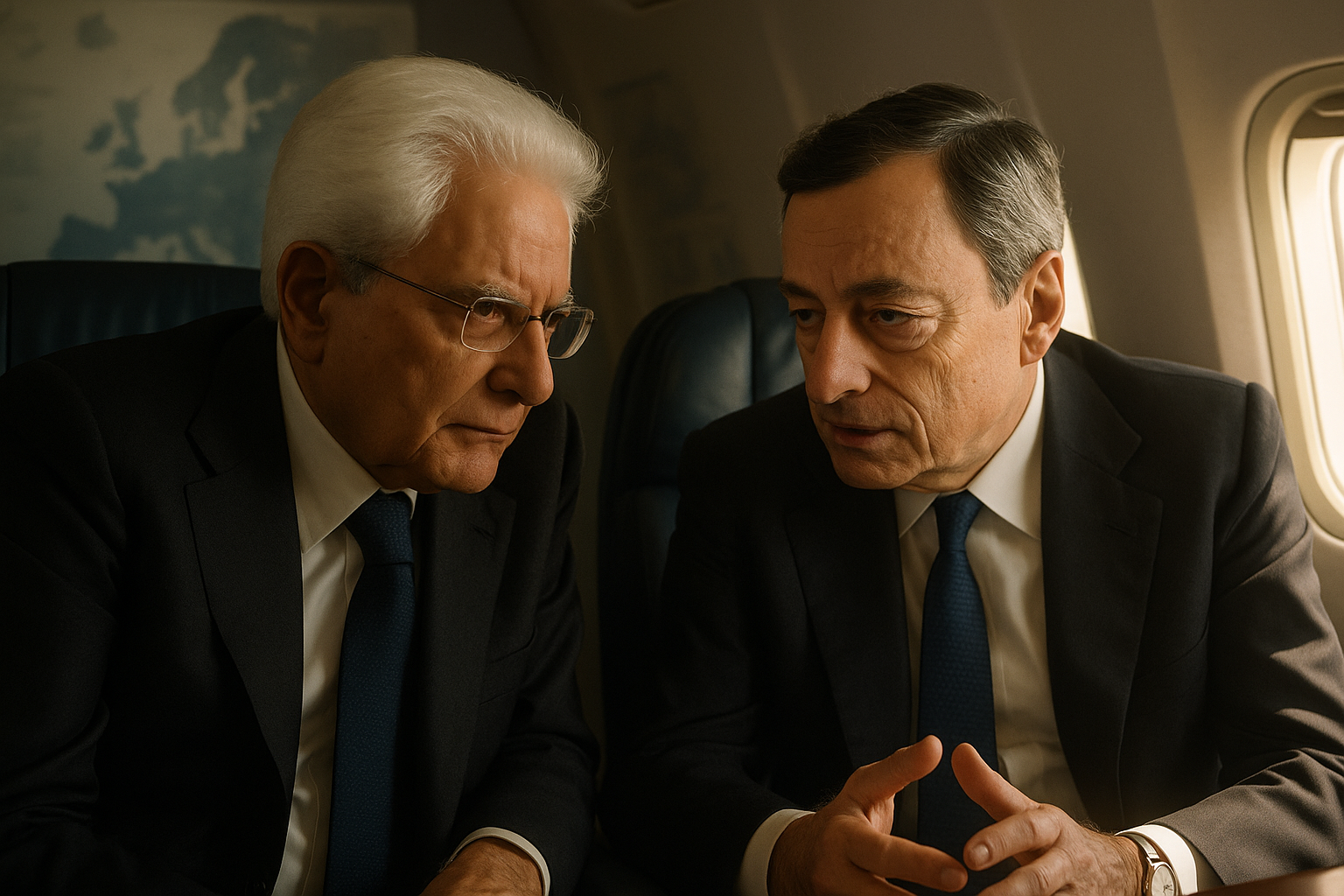 Sergio Mattarella e Mario Draghi discutono strategie per l'Europa in un ambiente riservato, simboleggiando la loro influenza congiunta.