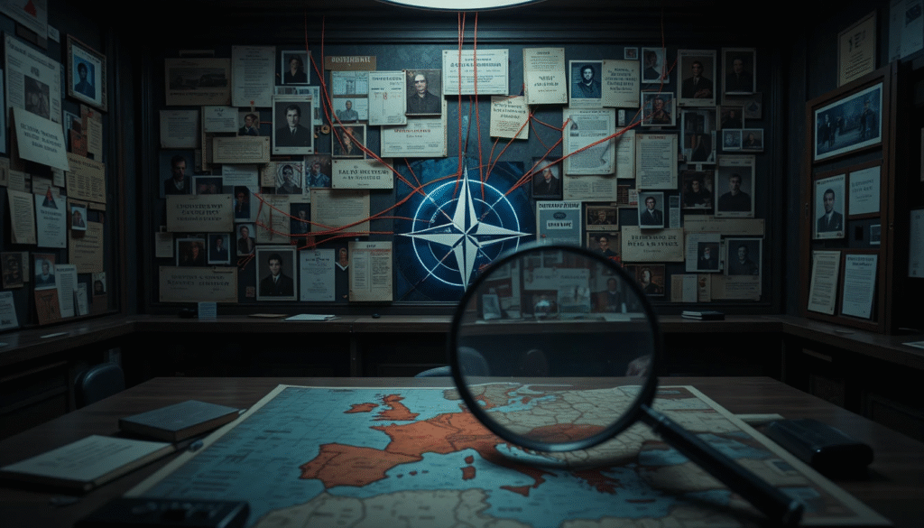 Lavagna investigativa con prove della corruzione negli appalti NATO, con focus sull'Europa.