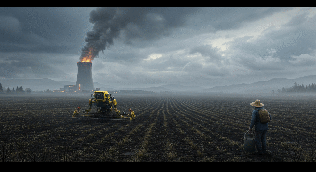 Robot agricolo in un campo con reattore nucleare sullo sfondo, simboleggia la sostituzione del lavoro umano e l'impatto ambientale.