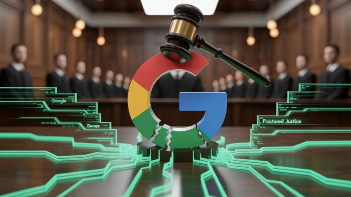 Martelletto del giudice incombe sul logo Google frammentato, simbolo della sentenza antitrust contro Big Tech.