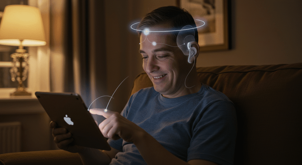 Persona con disabilità che usa un iPad tramite controllo cerebrale, simbolo di accessibilità.