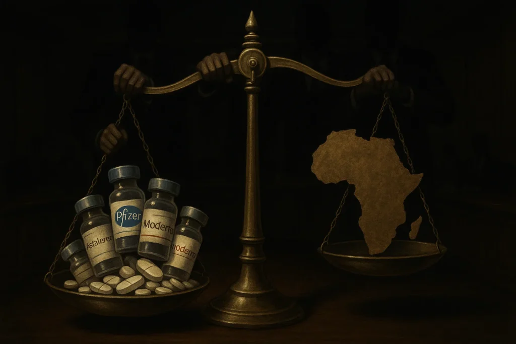Bilancia della giustizia sbilanciata, con farmaci da un lato e i paesi del Sud globale dall'altro, a simboleggiare l'iniquità dell'Accordo Pandemico.