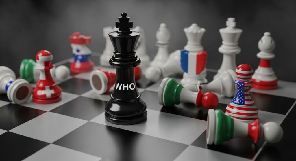 Scacchiera che simboleggia la minaccia alla sovranità nazionale da parte dell'accordo pandemico dell'OMS.
