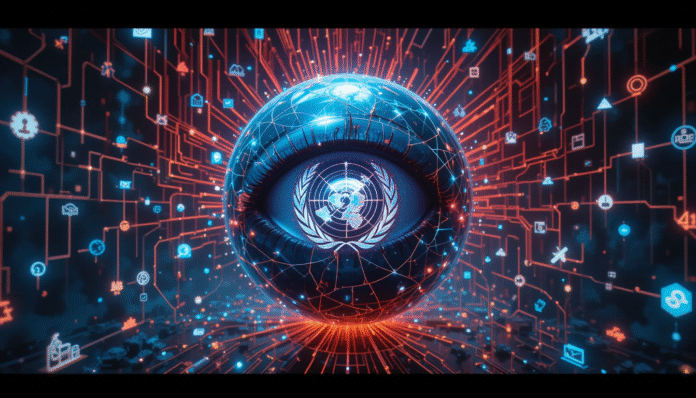 Globo terrestre avvolto in una rete di sorveglianza digitale sotto lo sguardo di un occhio con il simbolo dell'OMS, a rappresentare l'Accordo Pandemico.