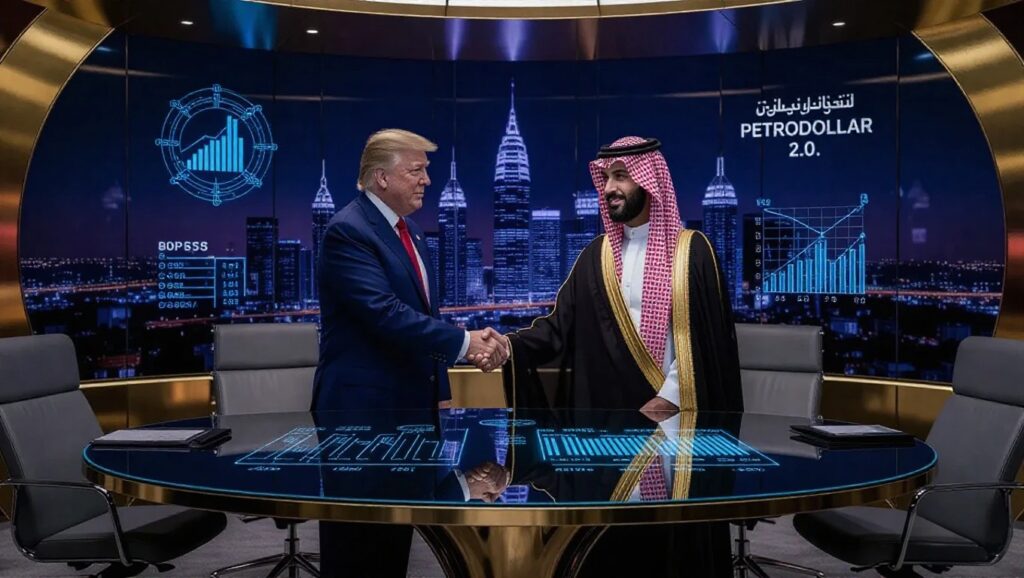 Accordo tra USA e Arabia Saudita in un ufficio moderno, simbolo del "Petrodollar 2.0" e della strategia di friend-shoring nel settore tecnologico ed energetico.