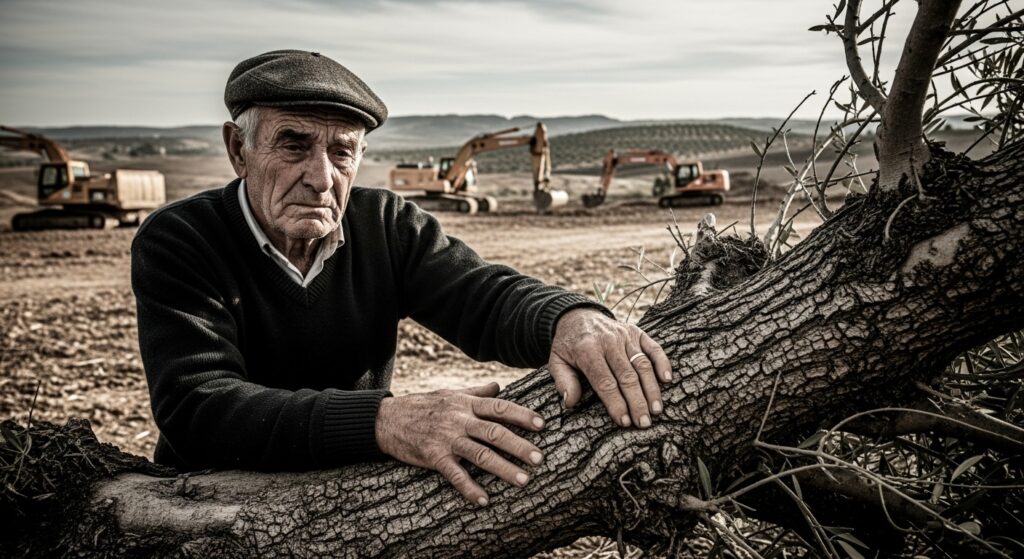Un agricoltore anziano esprime dolore per il suo ulivo sradicato a causa dei nuovi parchi solari.