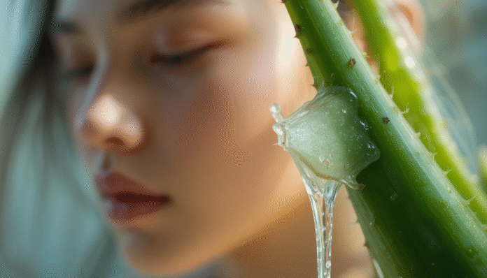 Gel di Aloe Vera puro che fuoriesce da una foglia, a simboleggiare un rimedio naturale per la pelle affetta da rosacea.