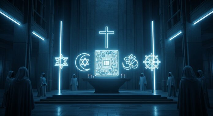 Altare futuristico dove i simboli di tutte le religioni sono fusi in un unico emblema tecnologico, rappresentando la chiesa globale.