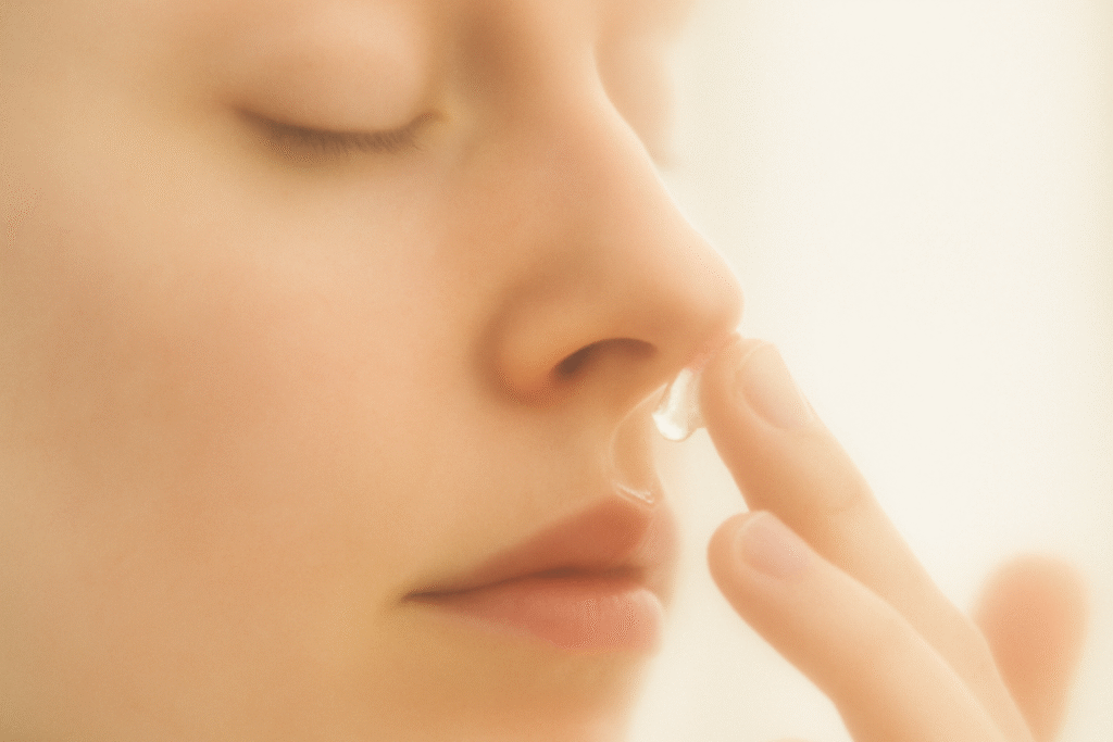 Applicazione di un gel lenitivo sulla pelle vicino al naso, per il trattamento dell'herpes narici.