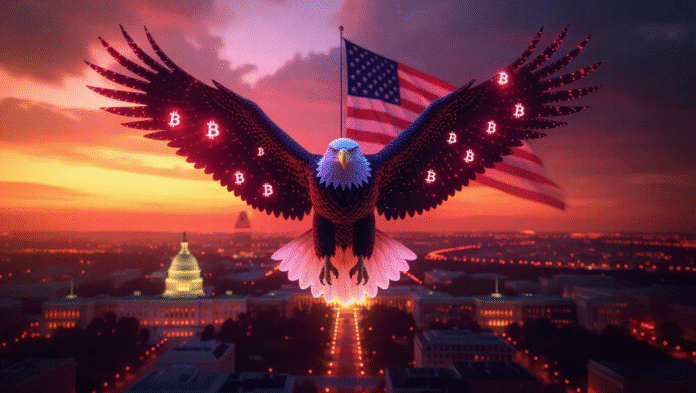 Aquila americana simbolo di potere tecnologico con elementi di AI e criptovalute sullo sfondo dello skyline di Washington D.C.