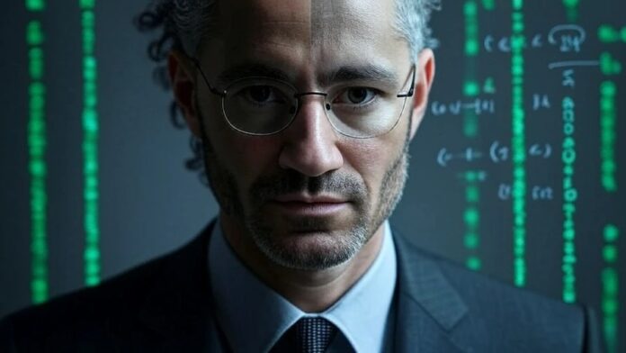 Ritratto di Alex Karp, il filosofo-CEO, con un'espressione intensa, immerso in uno sfondo digitale di codici e testi filosofici che simboleggia la sua visione della tecnocrazia.