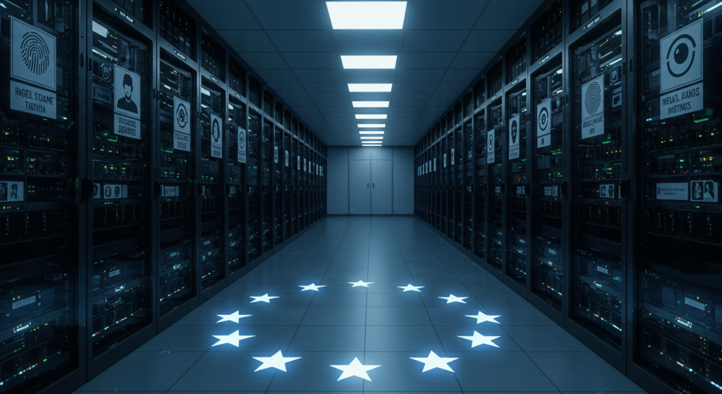 Sala server distopica dove l'Unione Europea archivia i dati biometrici dei cittadini, evidenziando il tema del tracciamento di stato.