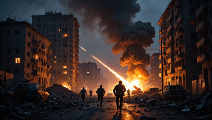 Civili in fuga durante un attacco di artiglieria nel Donbass.