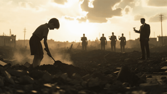 Immagine drammatica di un bambino tra le rovine della guerra mentre figure potenti brindano sullo sfondo.