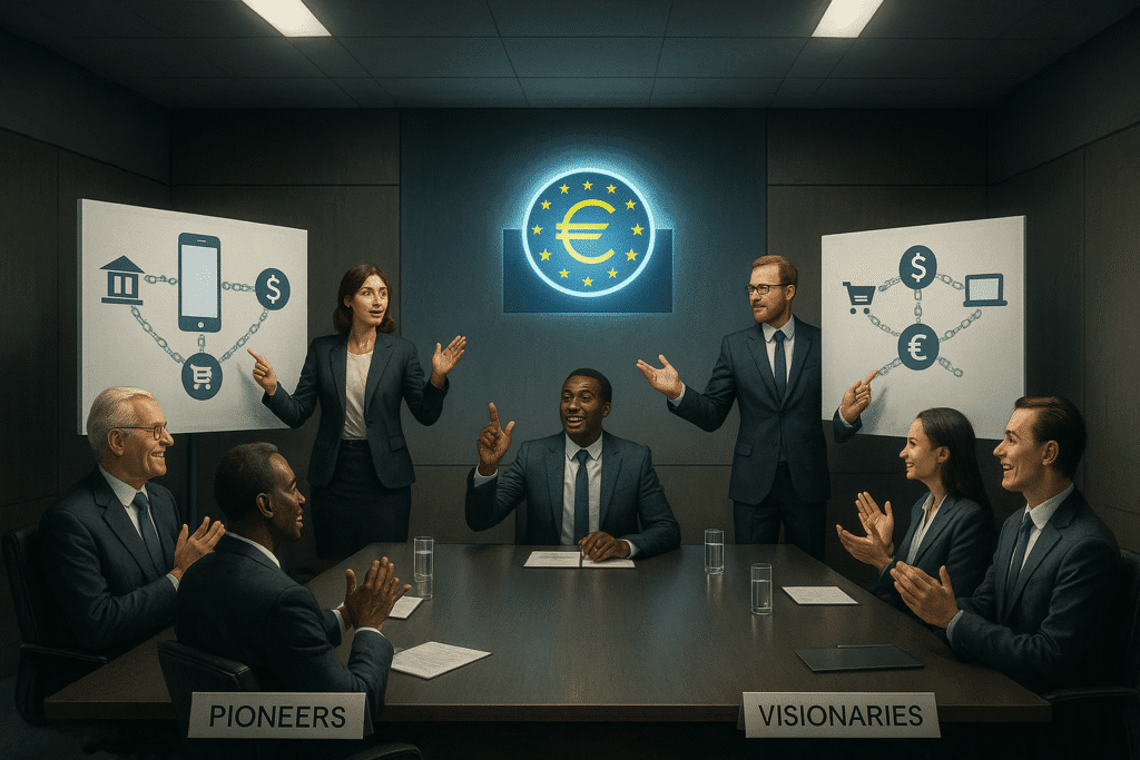 Pionieri e visionari della BCE al lavoro sull'euro digitale, con sottili catene digitali che simboleggiano il controllo.