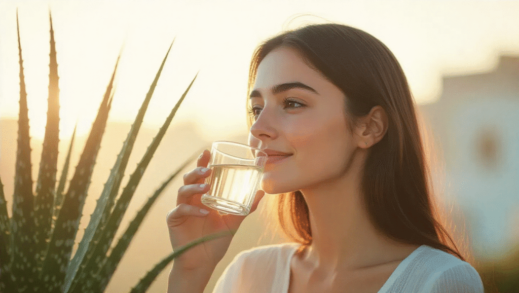 Persona che beve succo di Aloe Vera per il benessere gastrico e il sollievo dal reflusso.