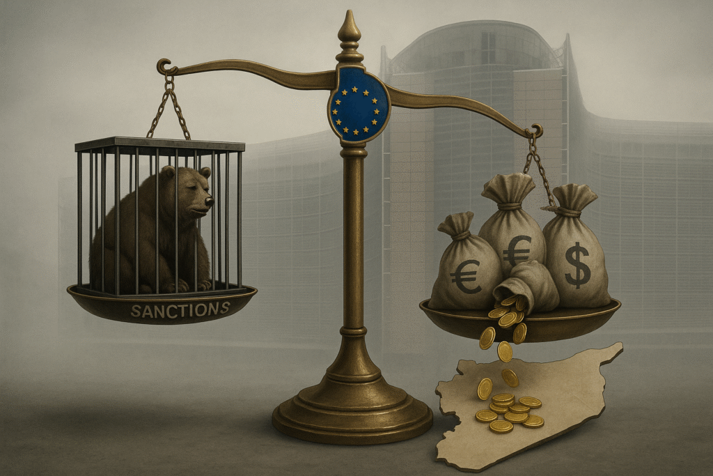 Una bilancia della giustizia mostra il doppio standard UE, con pesanti sanzioni alla Russia e aiuti finanziari alla Siria.