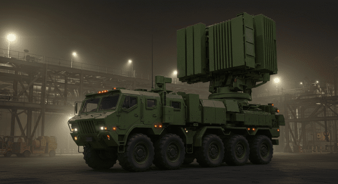 Immagine di un cannone a microonde cinese futuristico con bagliori blu, ambientato in una base militare high-tech.