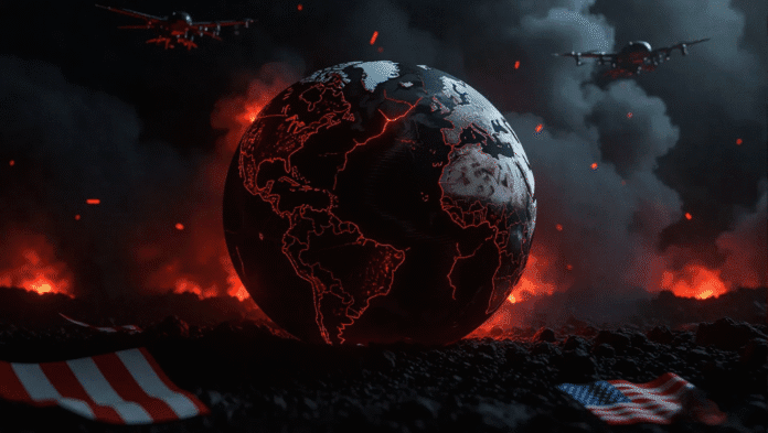 Mappamondo oscuro e rotto con crepe da cui escono fiamme e fumo, a simboleggiare il caos globale e i conflitti.