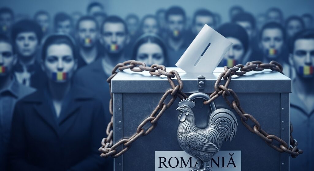 Urna elettorale rumena incatenata con un lucchetto a forma di gallo francese, simbolo della tentata censura per l'inquinamento democratico del voto.