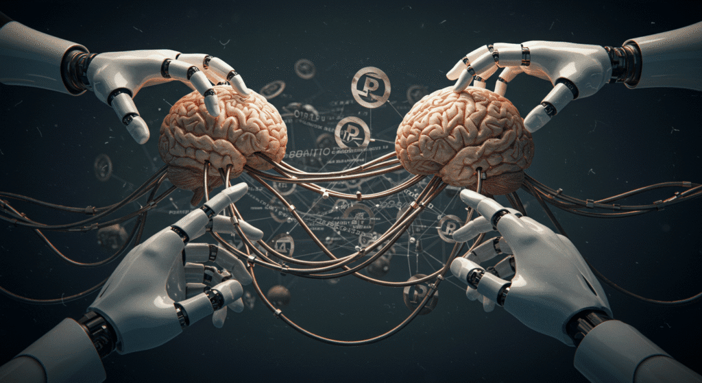 Mani robotiche che manipolano cervelli umani connessi a reti digitali e simboli di propaganda.