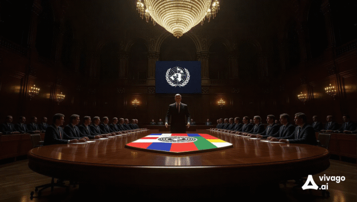 Illustrazione simbolica della cessione della sovranità sanitaria nazionale all'OMS da parte delle nazioni nel Parlamento Europeo.