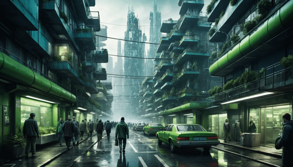 Città futuristica C40 con cittadini sorvegliati, simbolo del controllo sociale possibile grazie ai tagli al NHS.