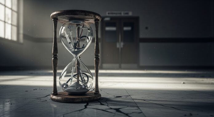 Immagine simbolica della sanità pubblica in crisi, con una clessidra che contiene strumenti medici arrugginiti al posto della sabbia in un ospedale vuoto.