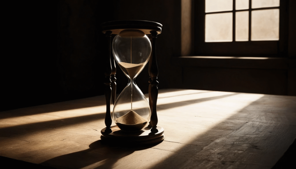 Una clessidra con la sabbia quasi esaurita, illuminata da un fascio di luce, a rappresentare il tempo che sta per finire e la riflessione sul fine vita.