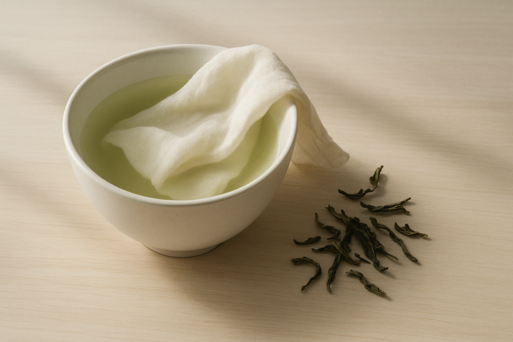 Compressa di cotone immersa in una ciotola di tè verde, un rimedio anti-infiammatorio per alleviare i sintomi della rosacea.