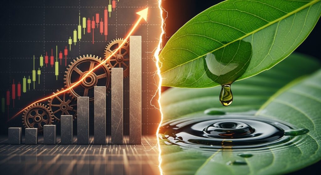 Metafora visiva del conflitto tra crescita economica e transizione ecologica, tema centrale delle nuove relazioni transatlantiche.