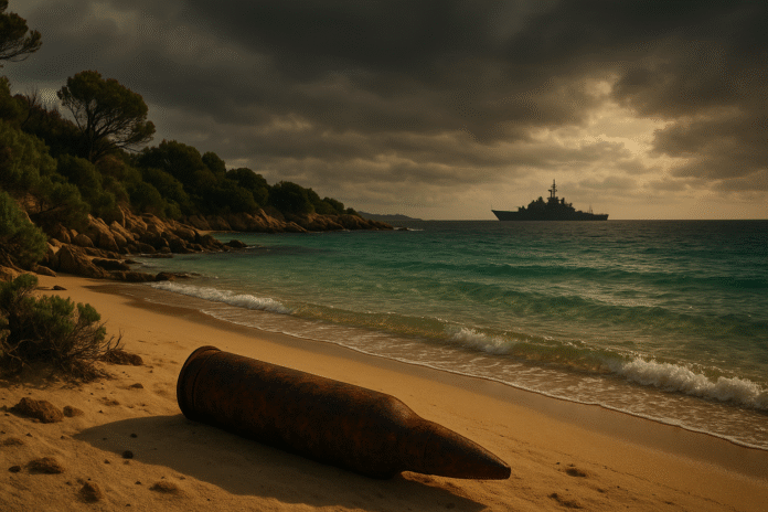 Un bossolo di artiglieria sulla spiaggia incontaminata di un poligono militare in Sardegna, a simboleggiare il conflitto tra esercitazioni e ambiente.