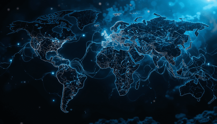 Mappa globale con cavi sottomarini luminosi che simboleggiano la lotta per il controllo digitale, con l'Italia in evidenza.