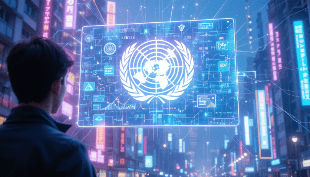 Cittadino comune osserva uno schermo olografico dell'OMS che simboleggia il controllo sanitario digitale e la potenziale perdita di privacy.