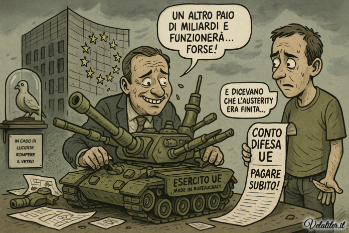 Un politico assembla un carro armato con la scritta 