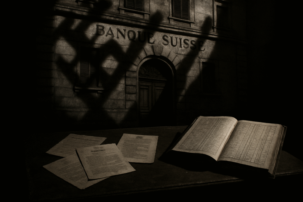 Vecchia banca svizzera con documenti storici, allusione ai legami controversi di Credit Suisse con il regime nazista.