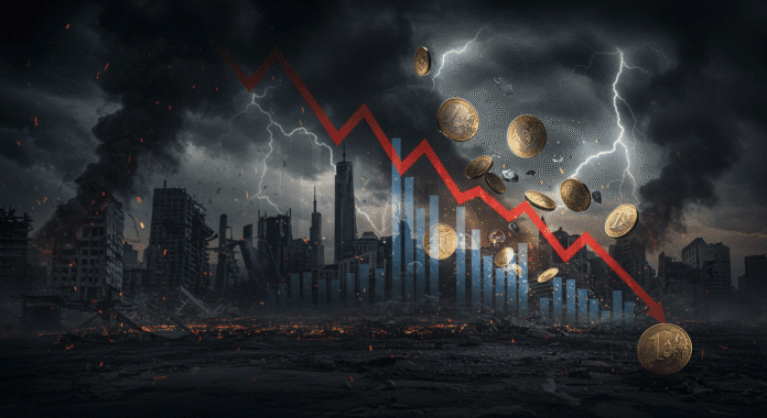 Illustrazione del collasso finanziario europeo previsto da Martin Armstrong, con grafici in caduta libera, città distrutte e monete euro in frantumi, simbolo della crisi globale.