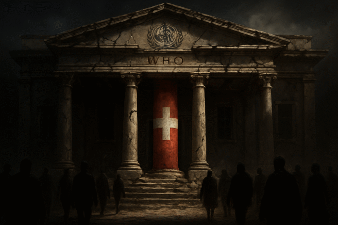 Immagine simbolica della crisi dell'OMS, rappresentata da un edificio fatiscente sorretto da una colonna svizzera, mentre il popolo si allontana.