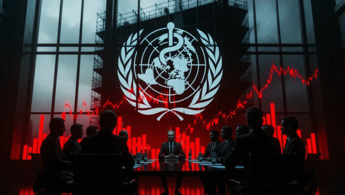 Edificio dell'OMS con crepe e impalcature, simbolo della profonda ristrutturazione e crisi finanziaria dell'organizzazione sanitaria.