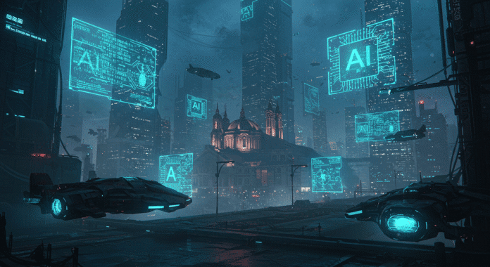Una metropoli futuristica con ologrammi di codici binari che avvolgono edifici governativi, simboli di IA giganti sovrastano la città, tonalità fredde e atmosfera cyberpunk.