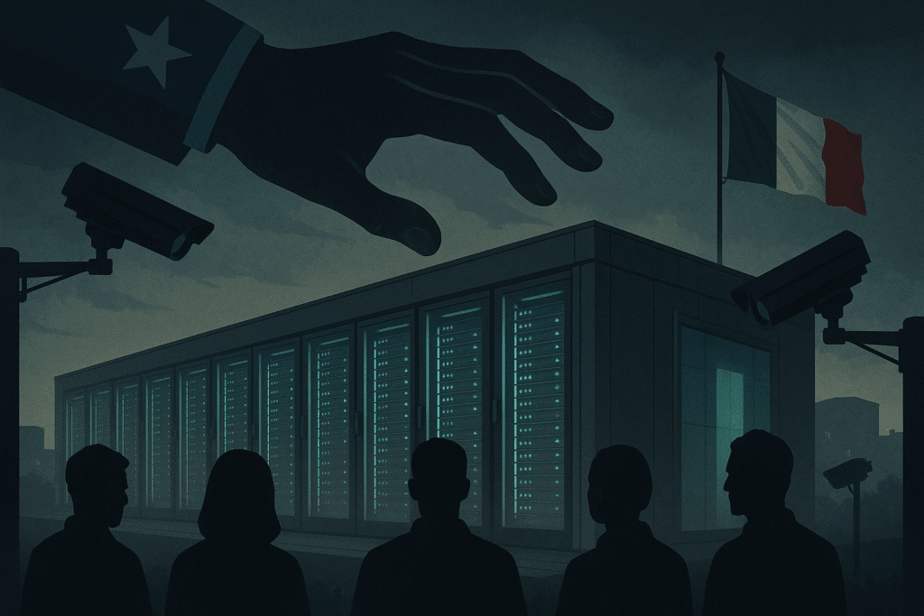 Data center in Italia sotto l'ombra di un controllo estero, simboleggiando i rischi per la sovranità digitale e la privacy.