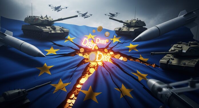 Bandiera UE schiacciata da armi e debiti, a simboleggiare il costo della militarizzazione europea.