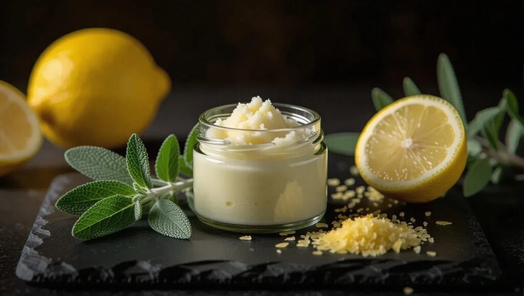 Vasetto di dentifricio fatto in casa circondato da foglie di salvia e limoni freschi.