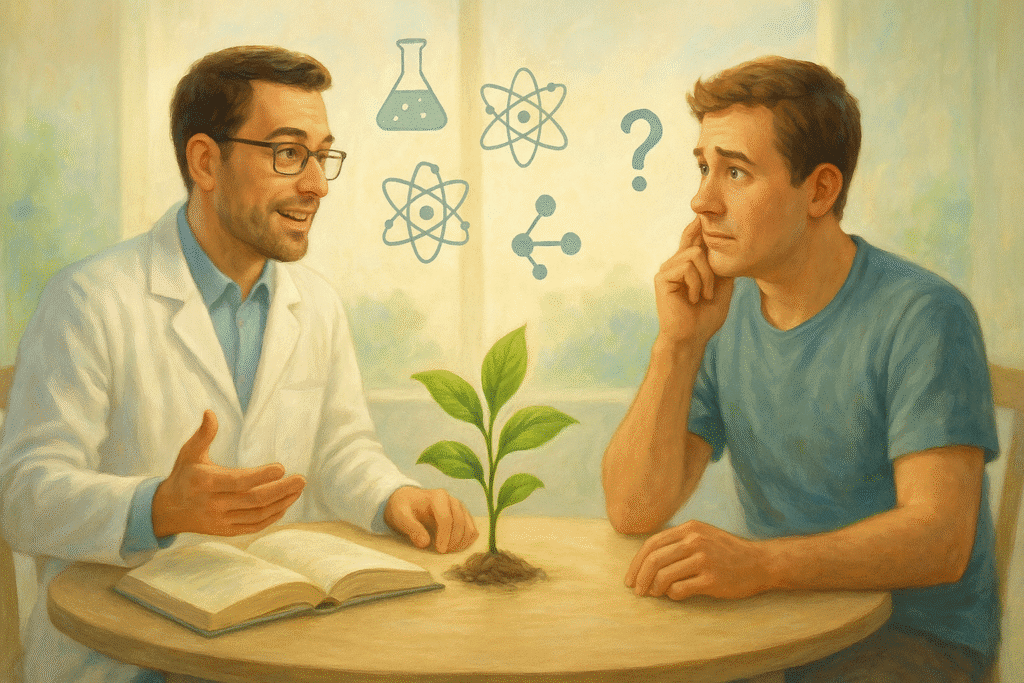 Scienziato e cittadino impegnati in un dialogo rispettoso e costruttivo, simbolo della vera scienza.